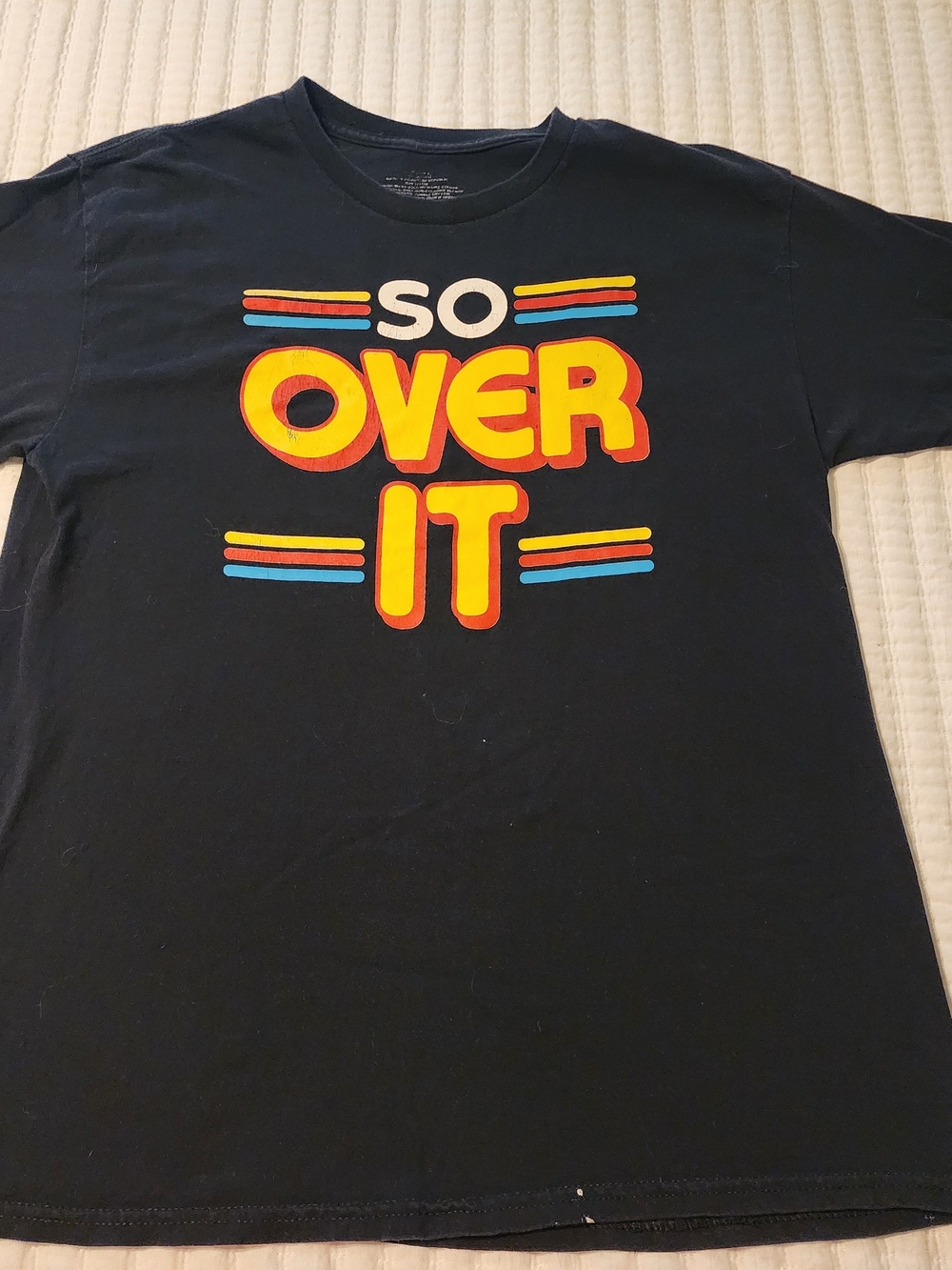 Source Unknown Black Tee with Yellow, Red and Blue Retro 'SO OVER IT' Graphic